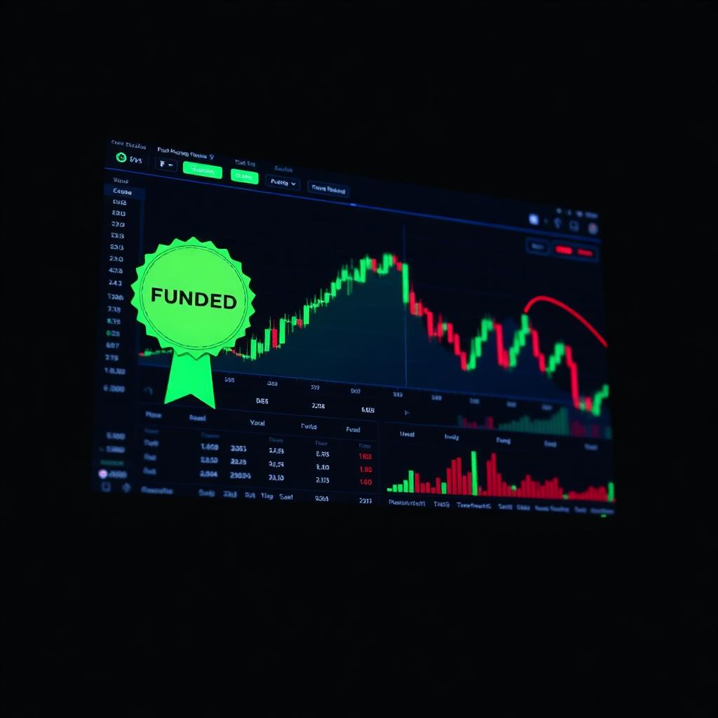 Trading dashboard showing a funded account badge over a rising equity curve