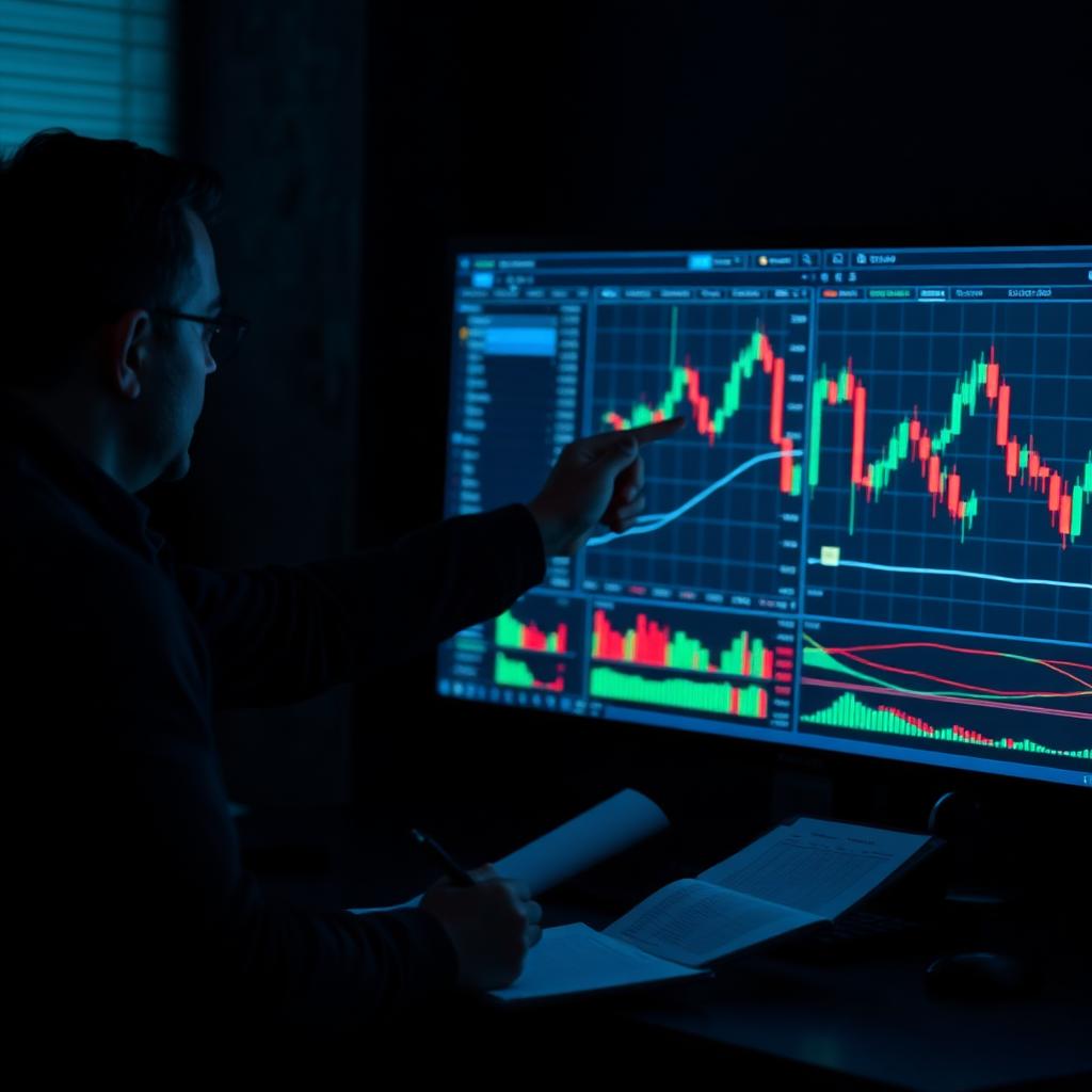 Coach pointing at candlestick charts on a monitor while a student takes notes